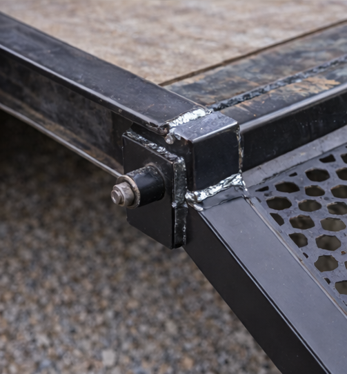 Black metal ramp joint with a pin and welded supports.