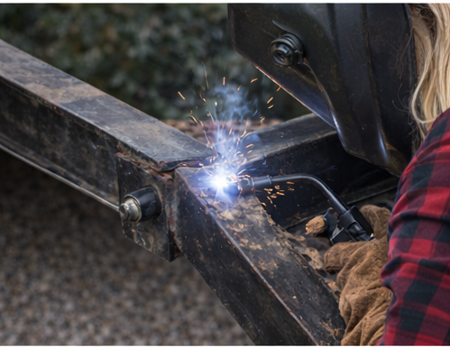 Welder in protective gear welding metal frame outdoors; sparks and bright light.