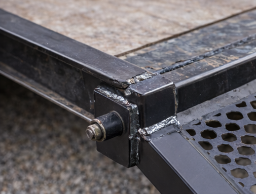 Close-up of a black metal ramp joint, showing welded construction and a bolt securing it to a trailer.