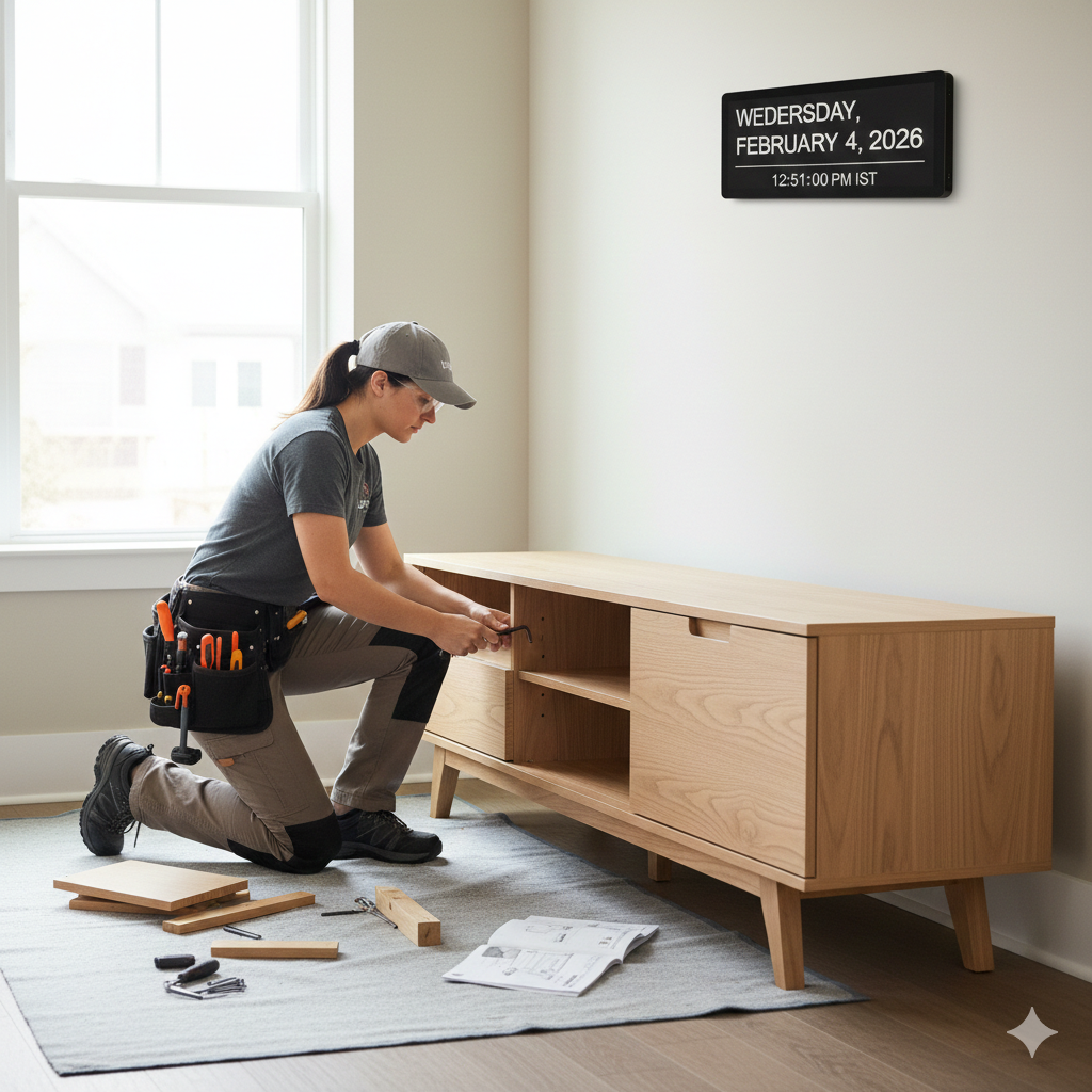 Woman assembling furniture in a room with a window, wearing a cap, kneeling with tools, a cabinet, and a calendar.