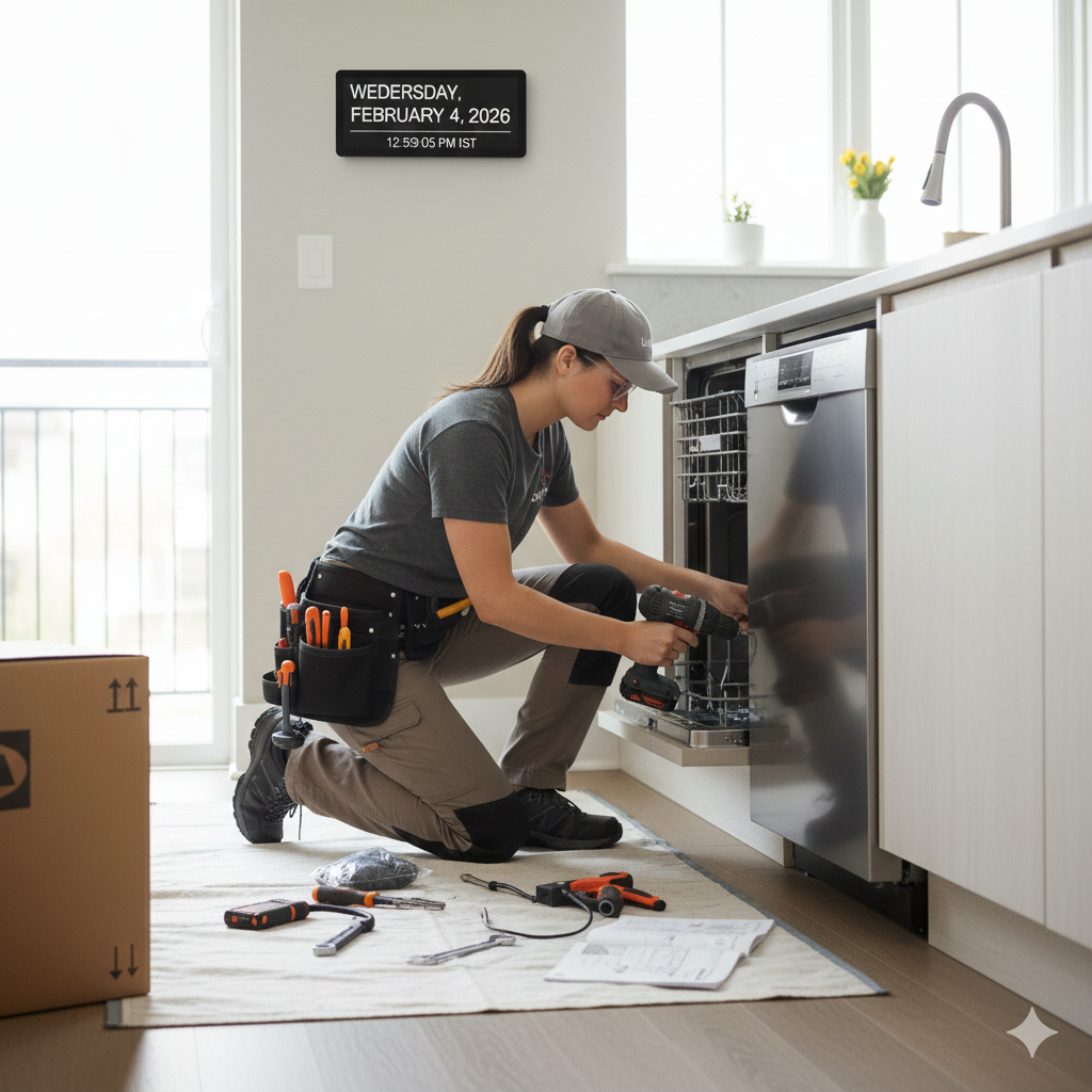 Woman in work clothes repairs a dishwasher in a modern kitchen. She is using a screwdriver.