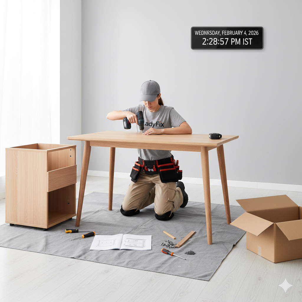 Person assembles wooden table on a gray mat; tools, boxes and a side cabinet are present. Time display reads 2:20 PM.