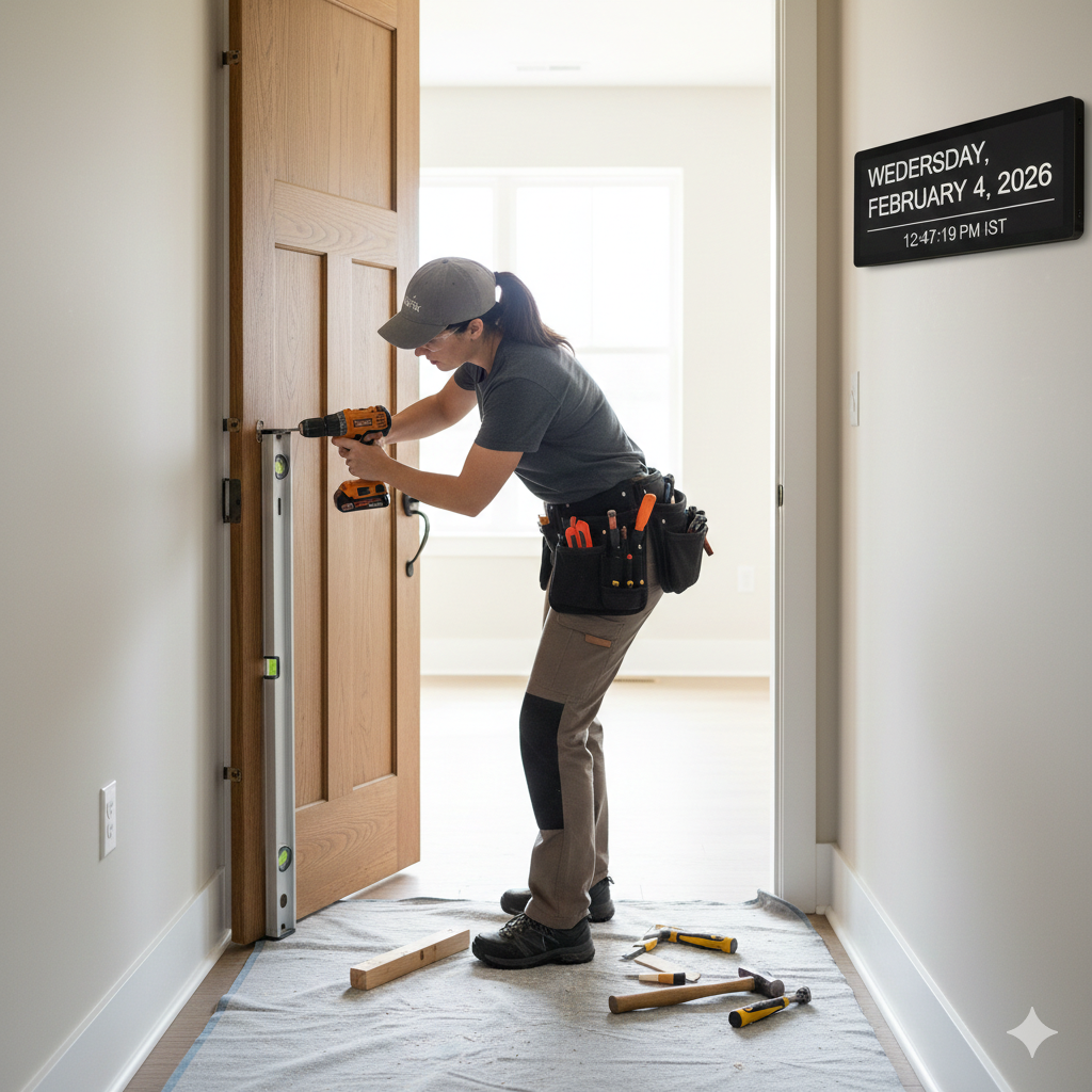 Woman installing door hardware with drill in hallway.