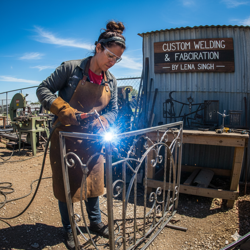 Woman welding metal gate in outdoor workshop. Blue sparks, brown apron, sign: 