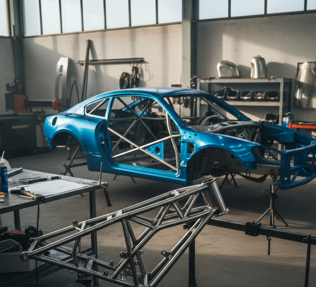 Blue race car chassis in a workshop, surrounded by tools and equipment.