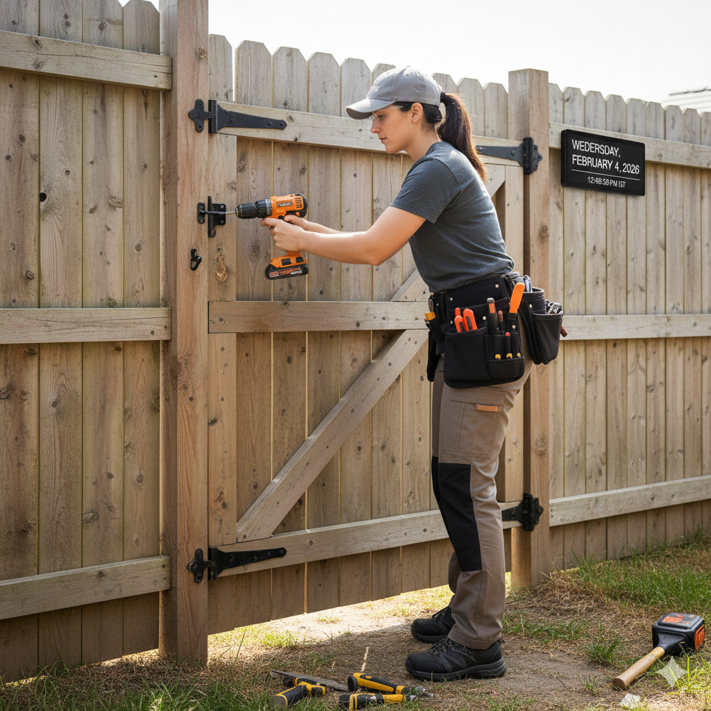 Woman using a drill to install a hinge on a wooden gate. She wears a tool belt and cap, working outside.