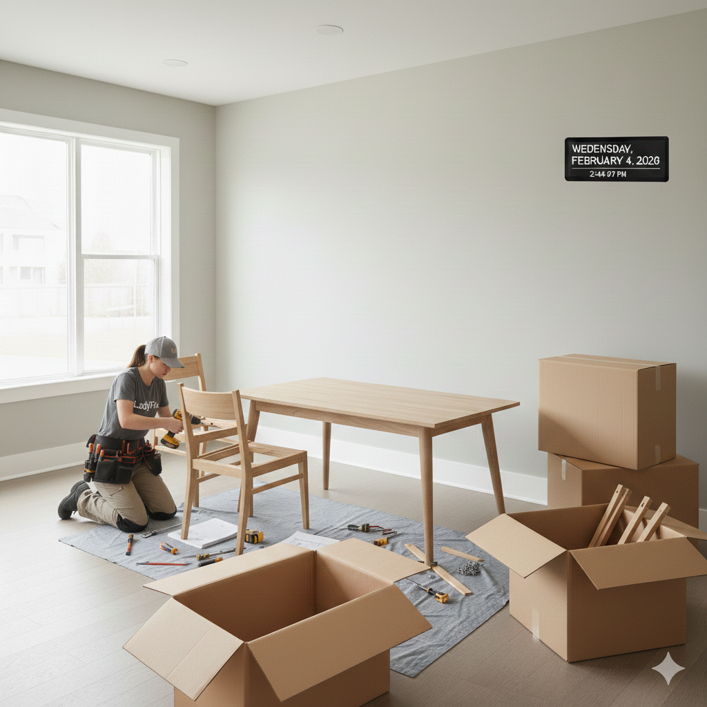 Woman assembling chair in an empty room with furniture and moving boxes.