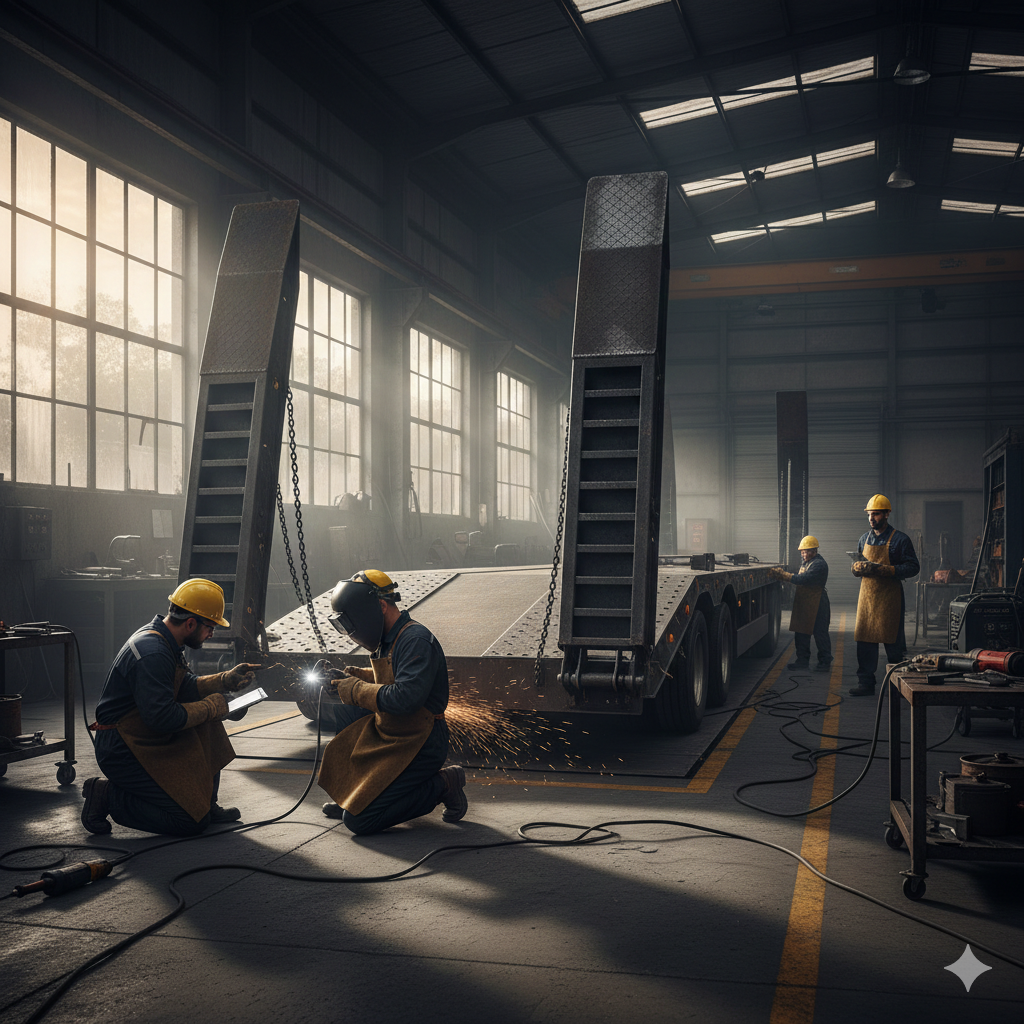 Workers welding a large trailer in a metal workshop. Bright sparks fly. Yellow safety lines mark the floor.