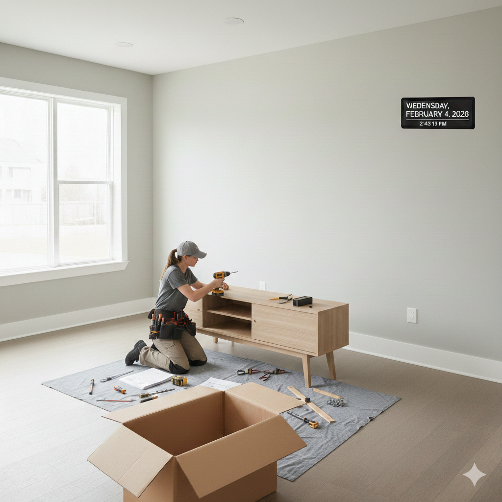 Woman assembling furniture in an empty room, using a drill. Tools and box on the floor.