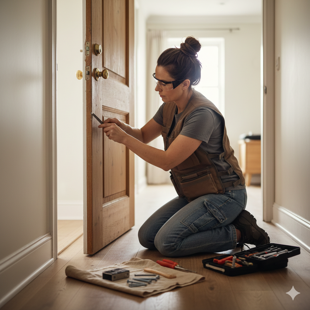 Woman kneeling, fixing door lock in hallway, wearing safety glasses and work vest.