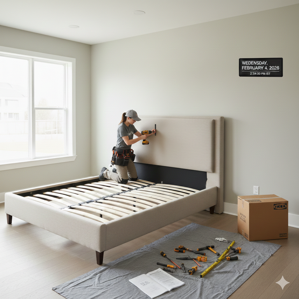Person assembles bed frame in a room with tools and a cardboard box.