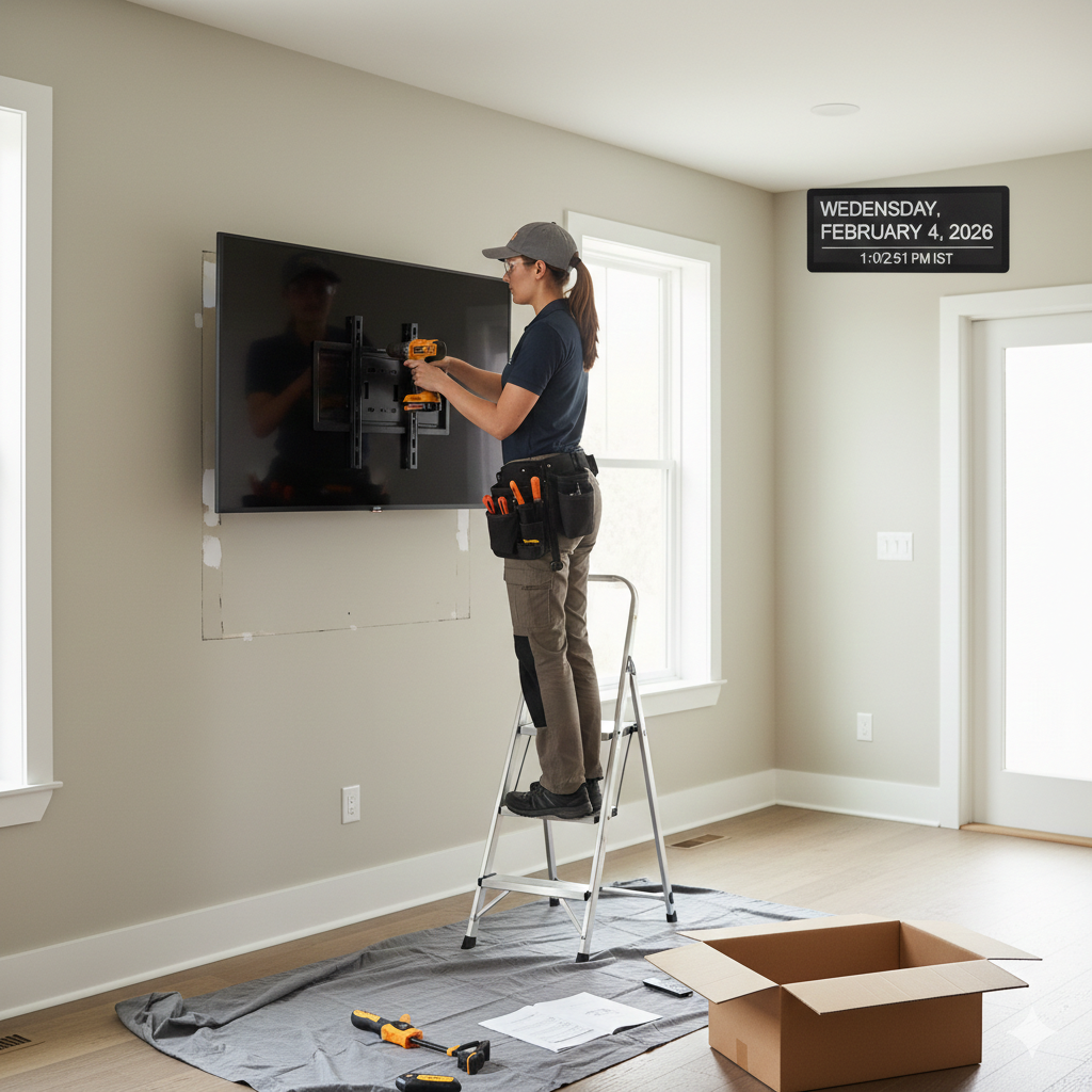 Woman mounting a TV on a wall, standing on a step stool. Tools and box on the floor.