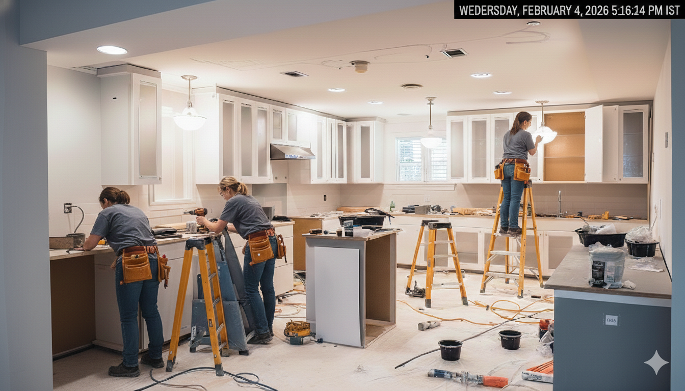 Kitchen remodel in progress: workers installing cabinets, using tools, and standing on ladders.