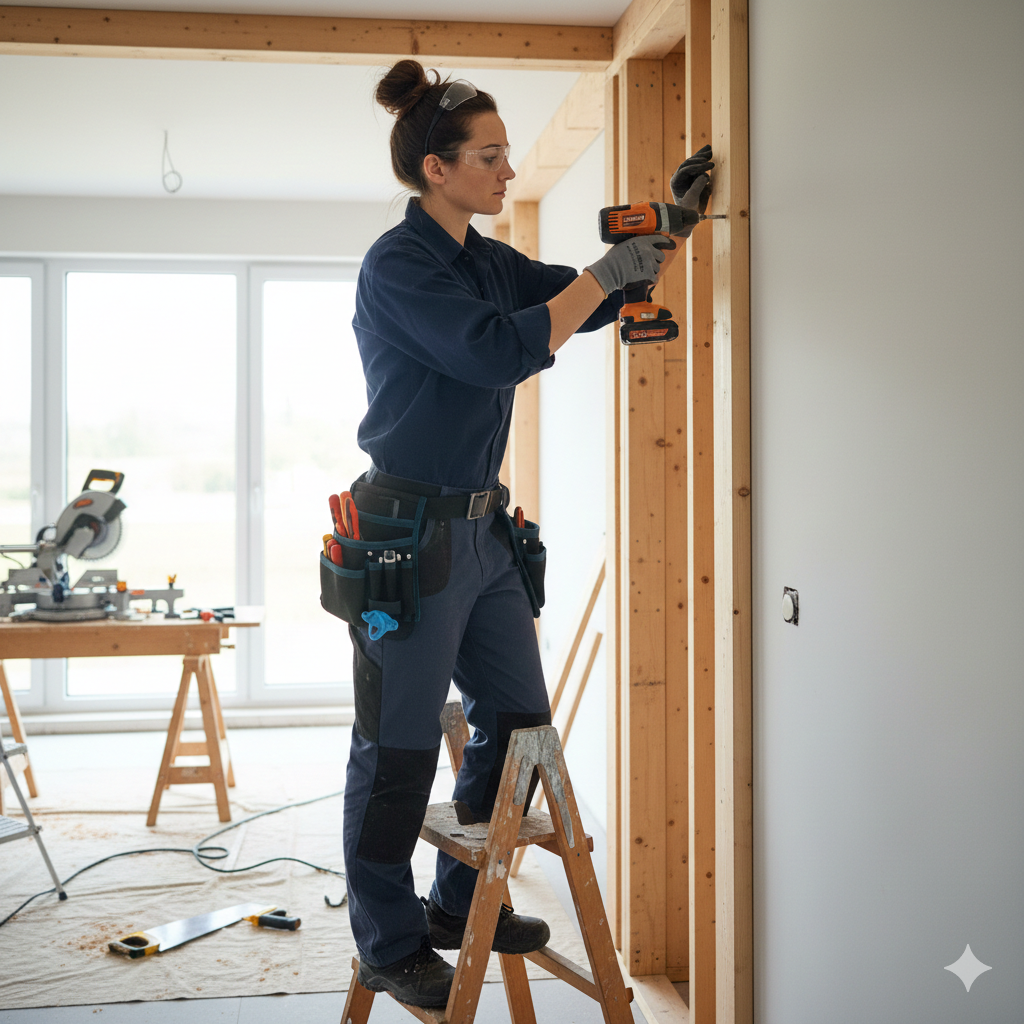 Woman using a drill on a wall, standing on a step ladder. Construction tools and materials visible.