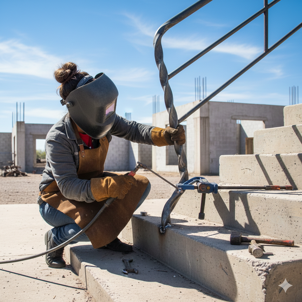 A person welding metal handrail onto concrete stairs, wearing protective gear, outdoors on a sunny day.