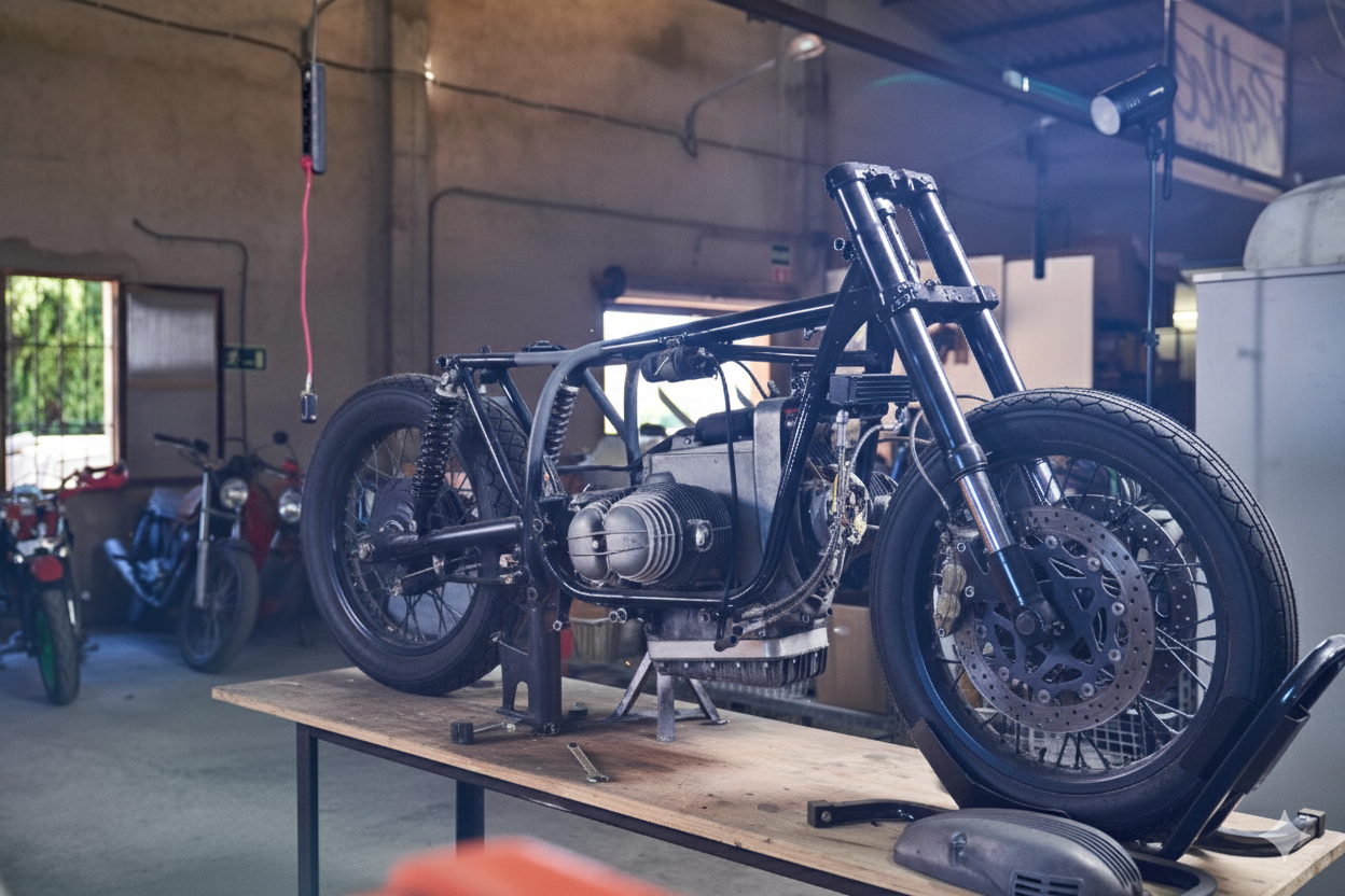 Black motorcycle frame and engine on workbench in a workshop. Another motorcycle is visible in background.