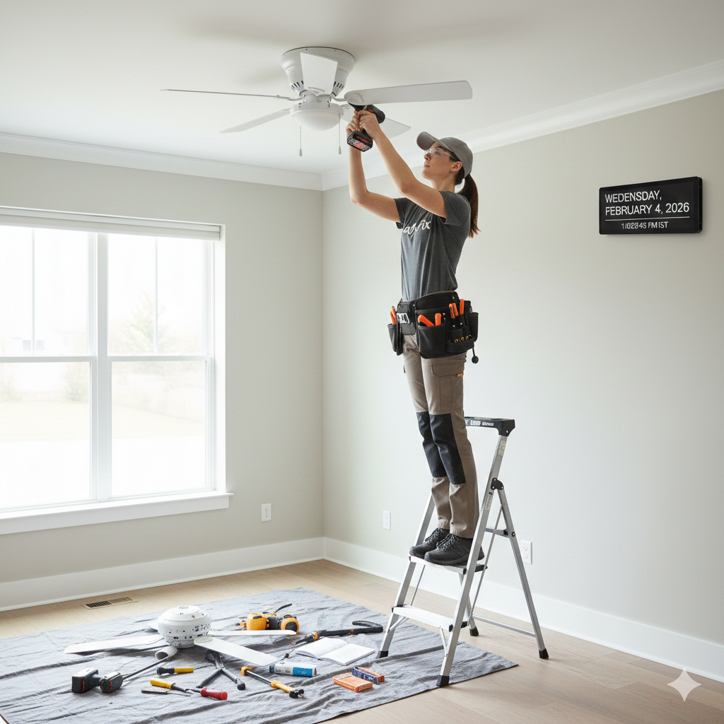 Woman installs ceiling fan on a ladder, wearing a tool belt in a room with white walls.