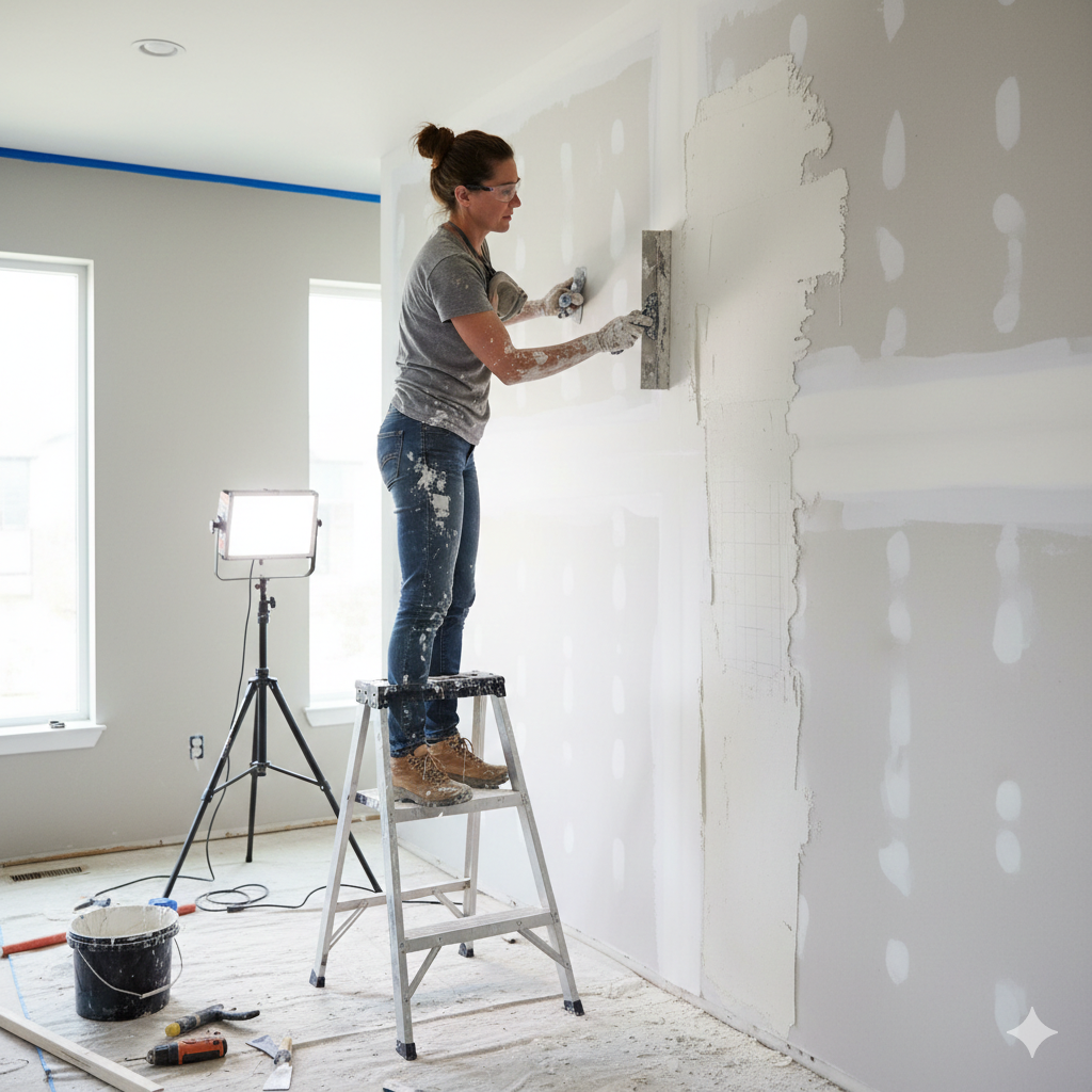 Woman on stepladder applying drywall mud to wall with a trowel. Interior construction setting.