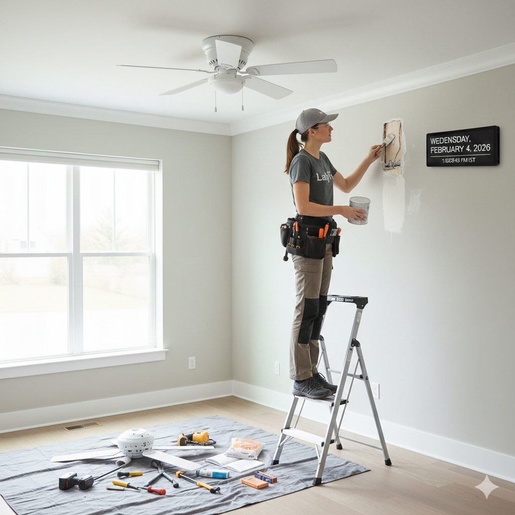 Woman on a step ladder paints a wall in a room. Tools and supplies on a drop cloth.