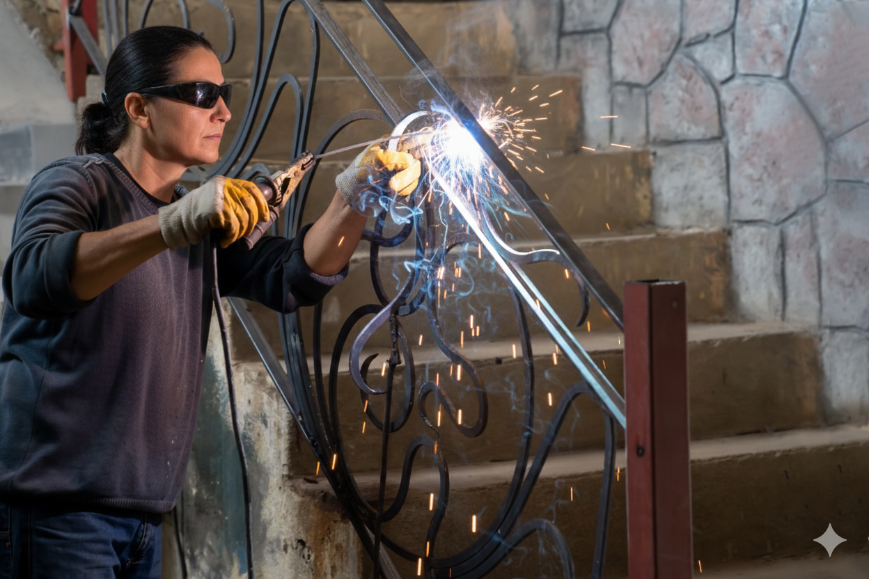 Welder wearing safety glasses and gloves working on decorative metal railing. Sparks fly. Staircase setting.