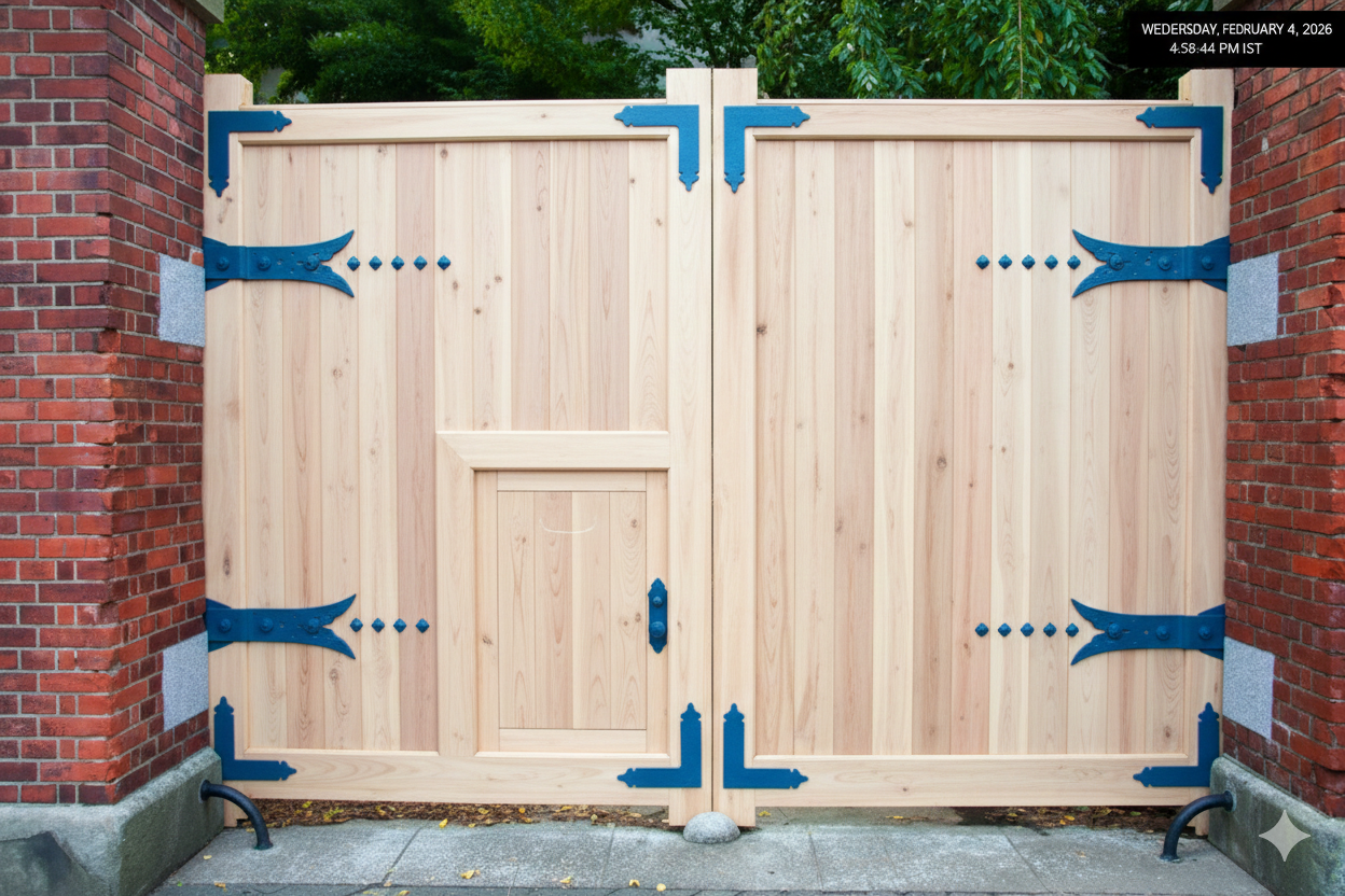 Wooden gate with a small door, set in a brick wall, featuring decorative black metal hardware.