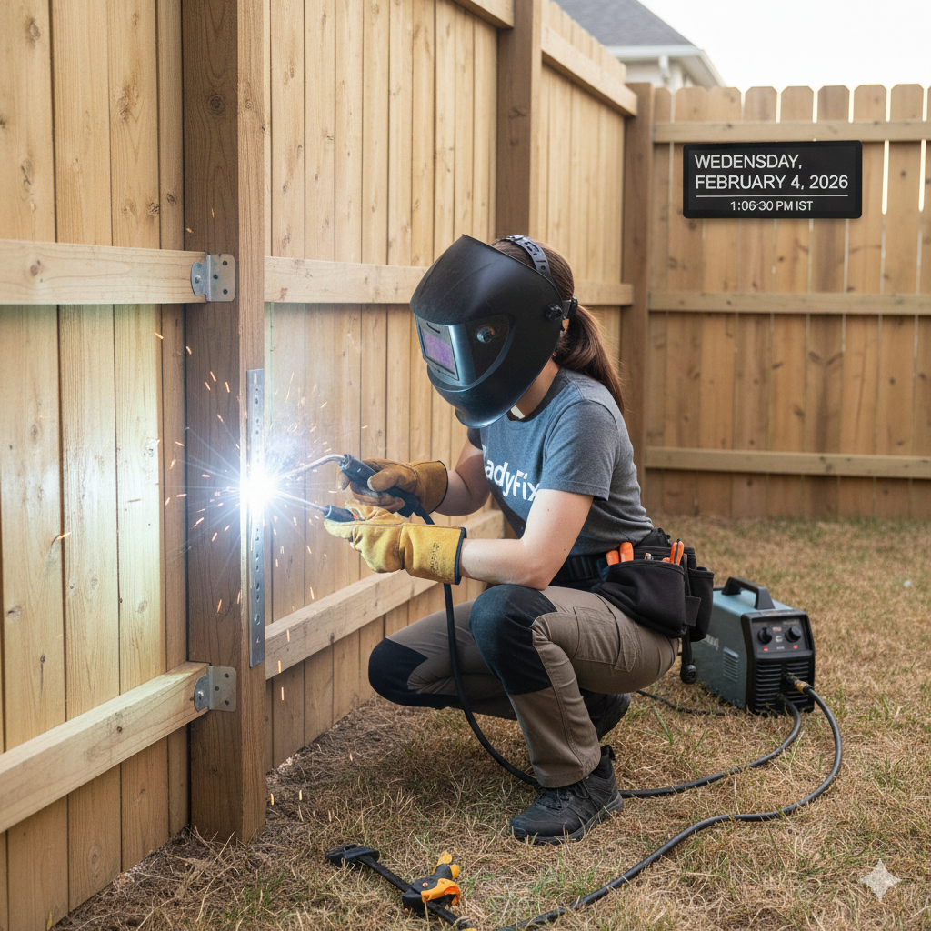 Woman welding a metal post to a wooden fence outdoors, wearing a welding helmet and protective gear.
