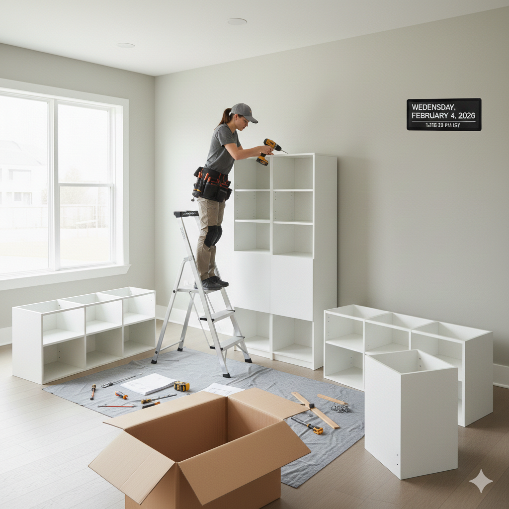 Woman on a ladder assembling white shelving units in a room.