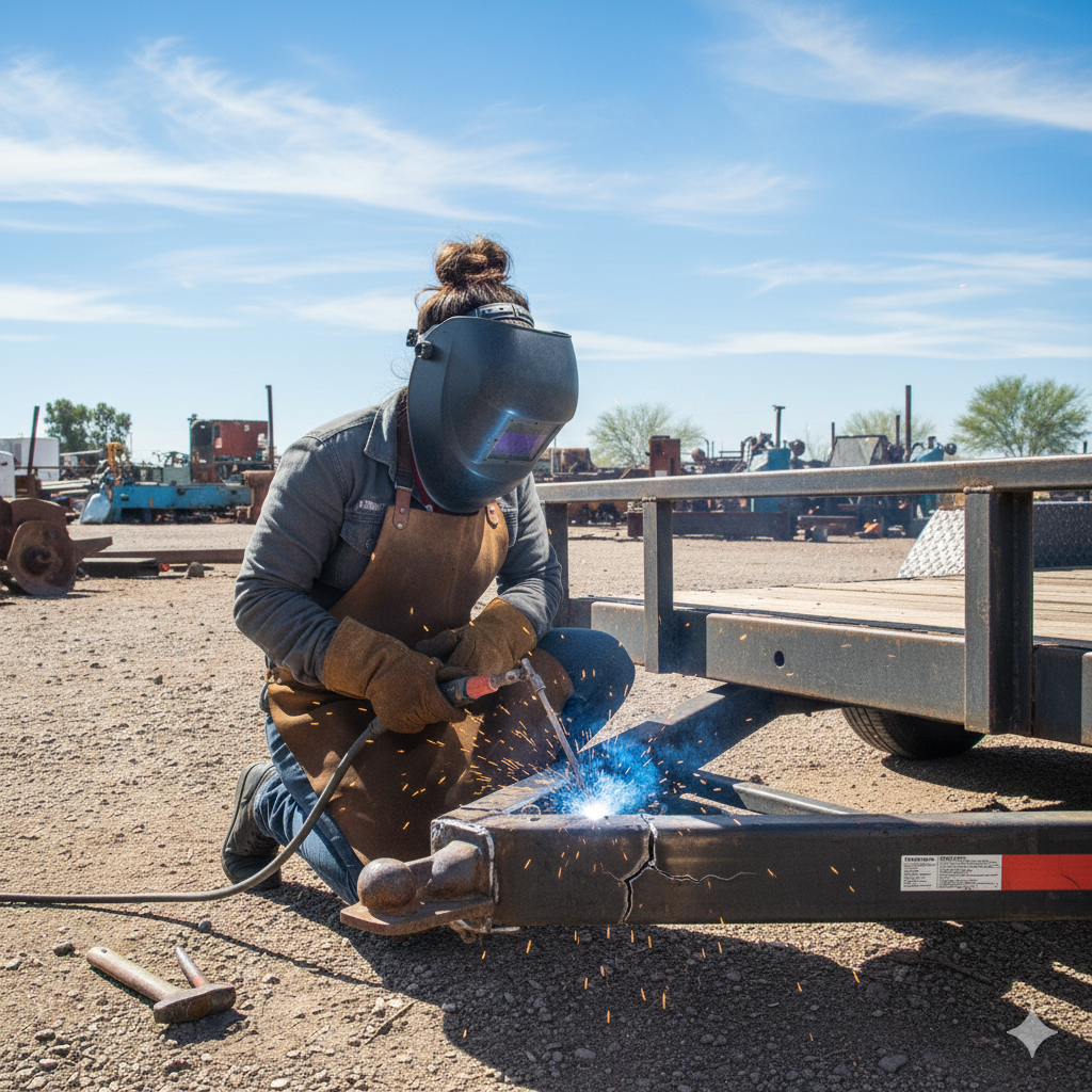 Welder in protective gear welding on a trailer in an outdoor setting under a blue sky.