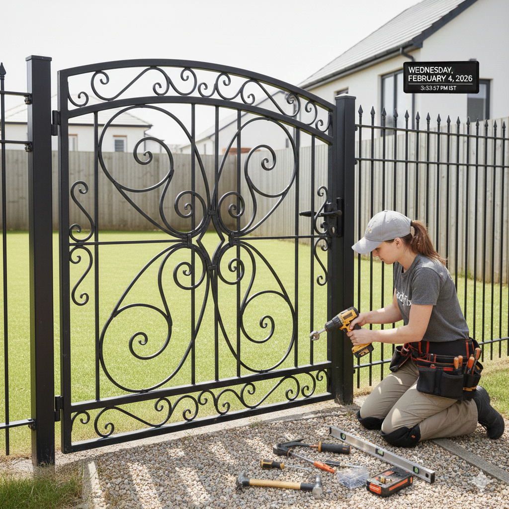 Woman installing a black wrought iron gate, kneeling on a gravel path, with tools scattered around.