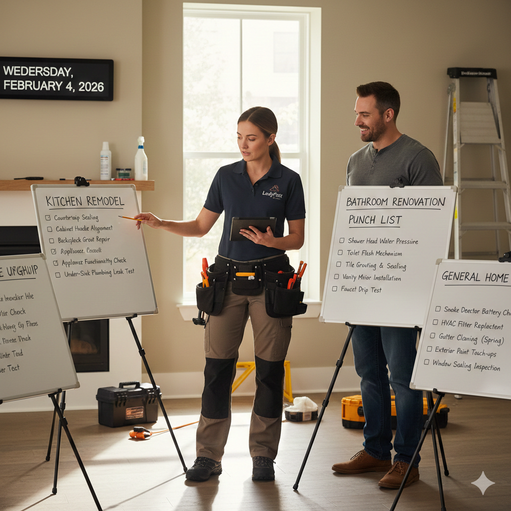 Woman pointing at a whiteboard, discussing plans with a man in a home. Whiteboards have lists of home projects.
