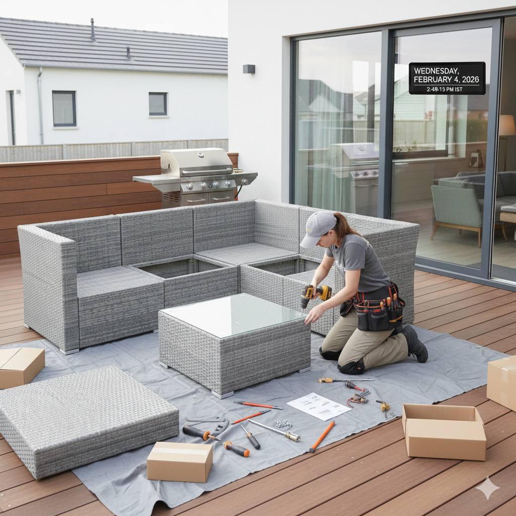 A person assembling outdoor wicker furniture on a patio. Tools, boxes, and instructions are visible.
