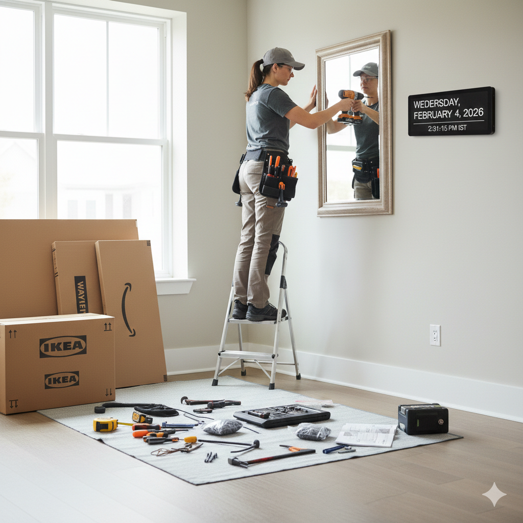 Woman installing mirror with a drill, standing on a step ladder, surrounded by tools and IKEA boxes.