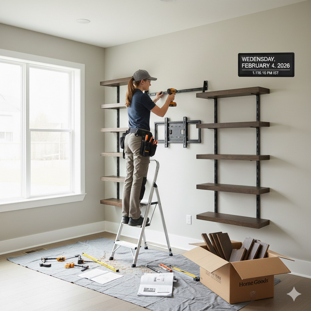 A person installs shelves on a wall using a ladder in a room. Tools and a box of materials are nearby.