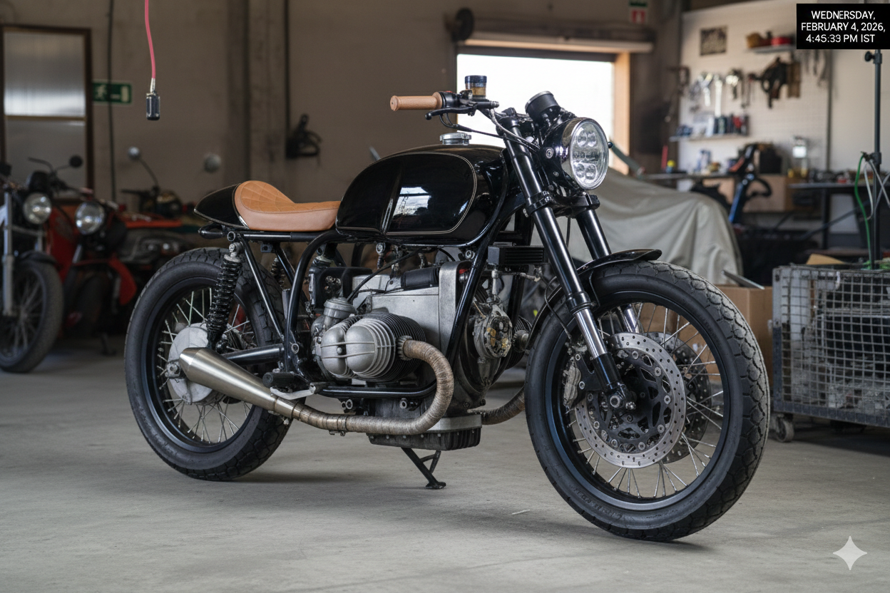 Black cafe racer motorcycle with tan seat in a garage.