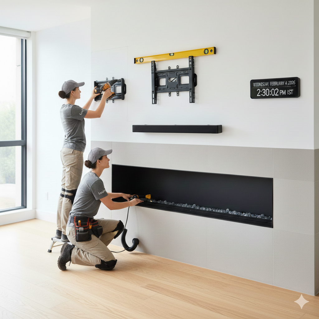 Two people installing a TV mount and fireplace trim on a white wall.