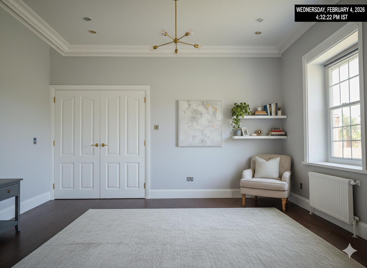 Light-filled room with a cream rug, white double doors, chair, shelves, and a window.