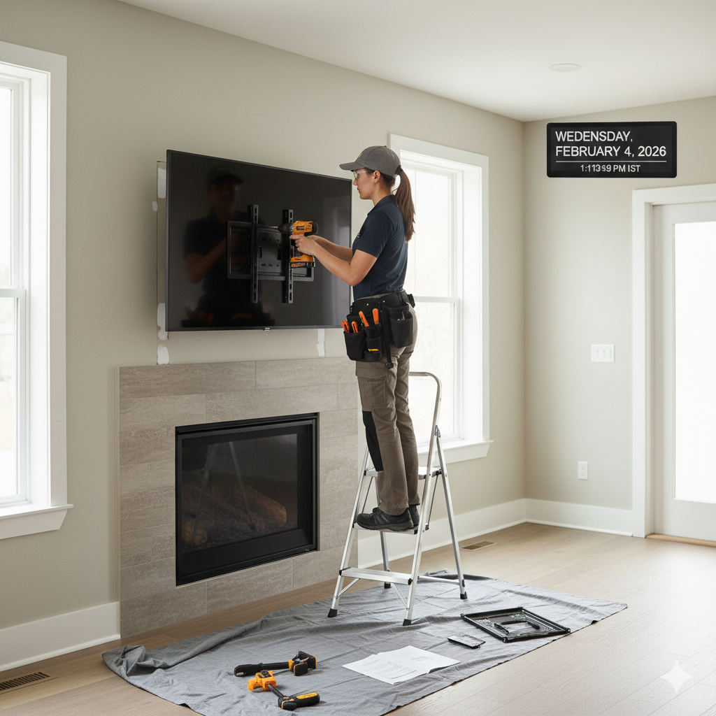 Person on stepladder installing TV mount above a fireplace. Tools and instructions on the floor.