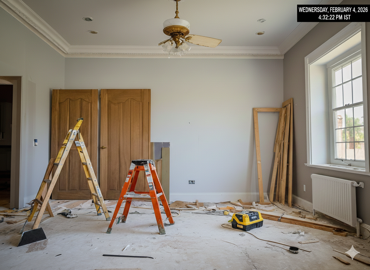 Room under renovation with ladders, tools, wood, and debris.