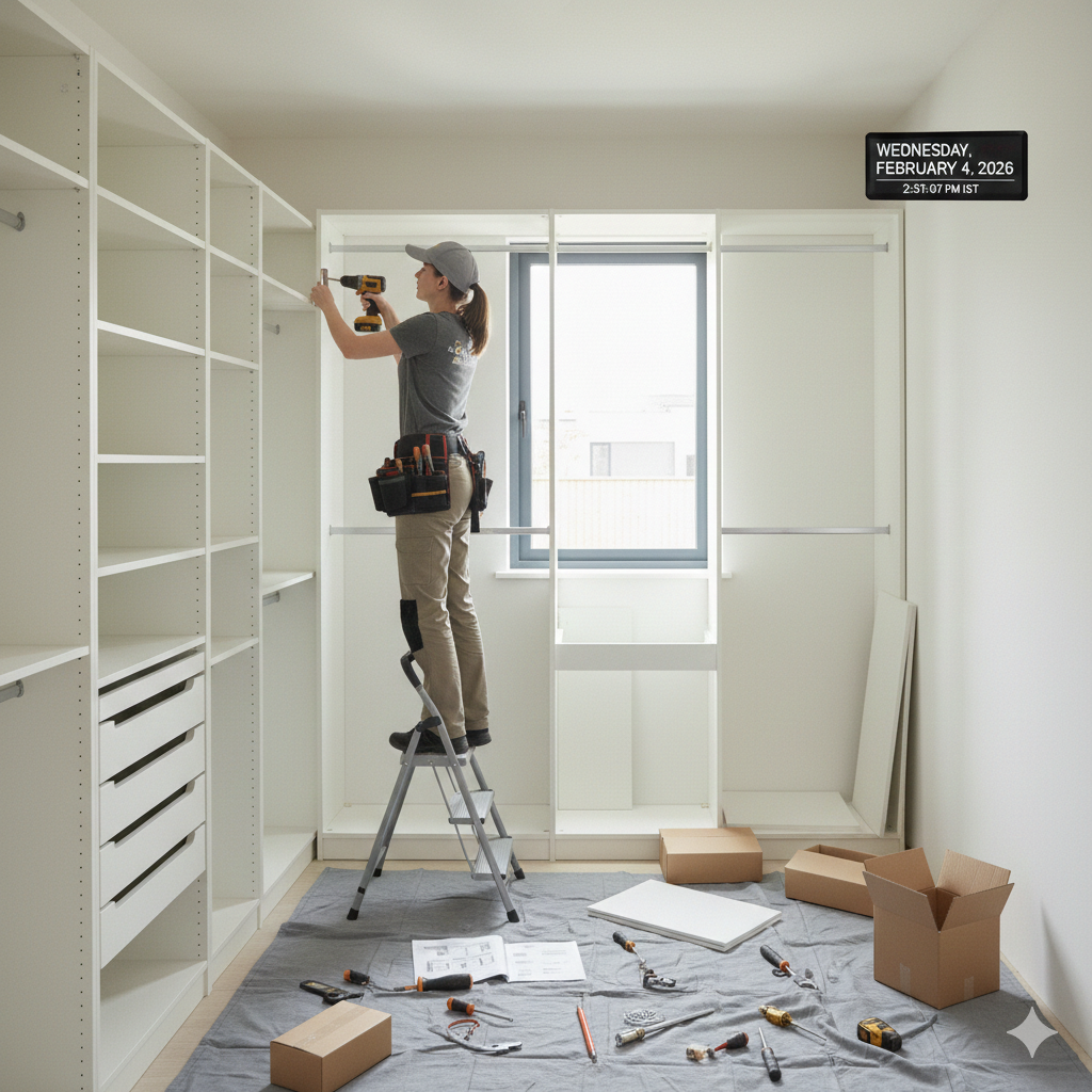 Woman installing shelves in a white closet, standing on a step ladder, using a power drill.