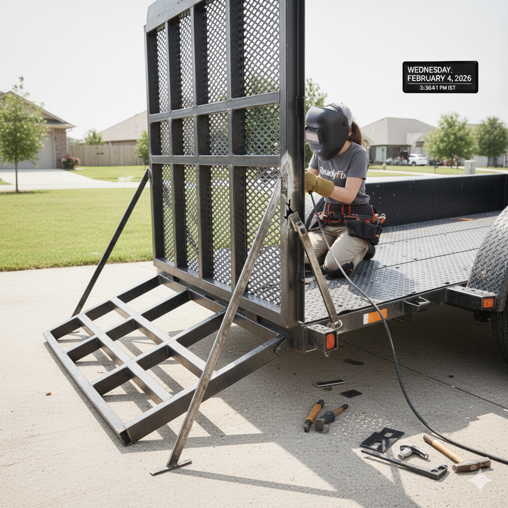 Woman welding metal on a trailer. She wears safety gear and works outdoors on a sunny day.