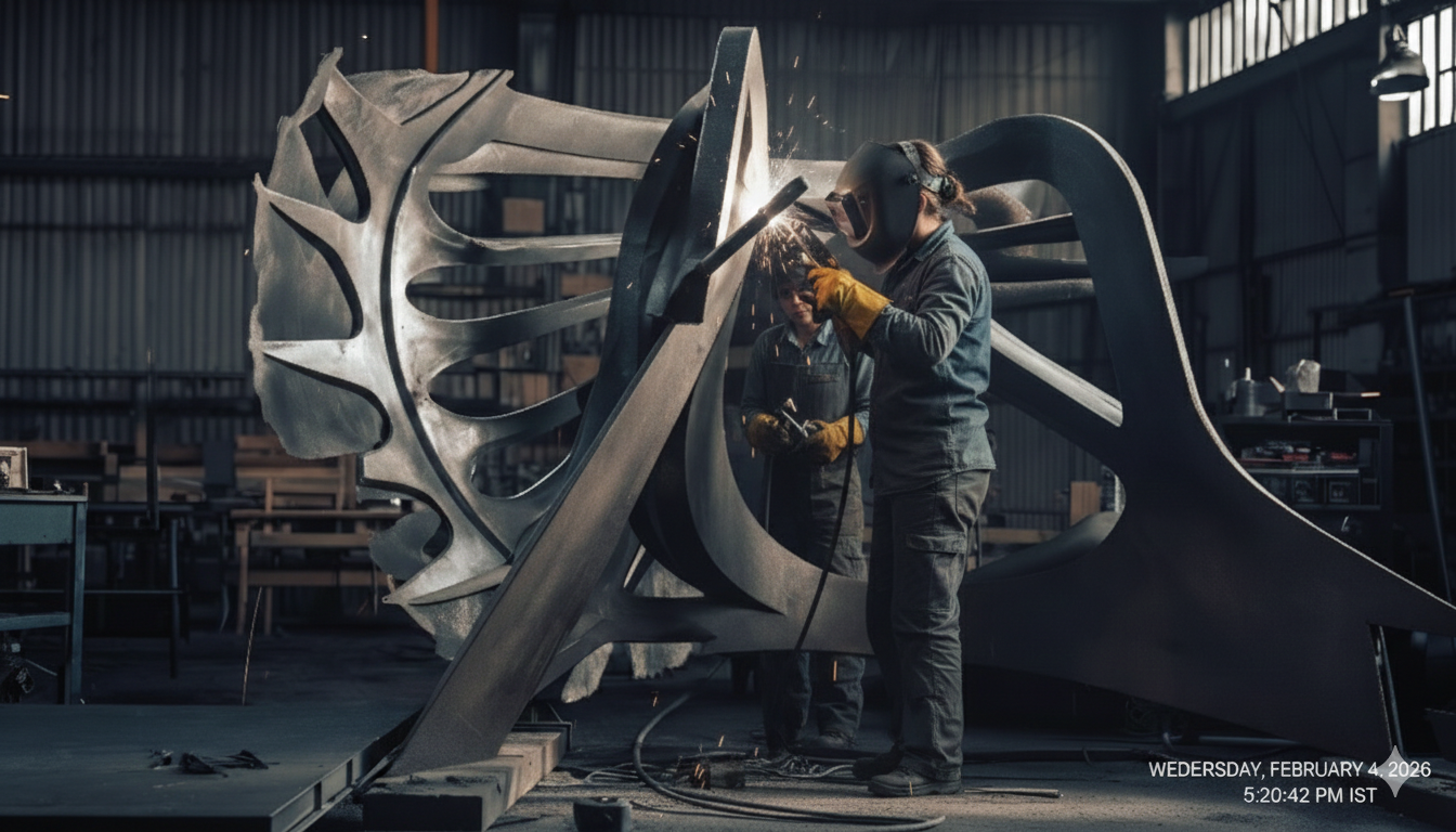 A person welds a large metal sculpture in a workshop. Sparks fly from the welding torch.