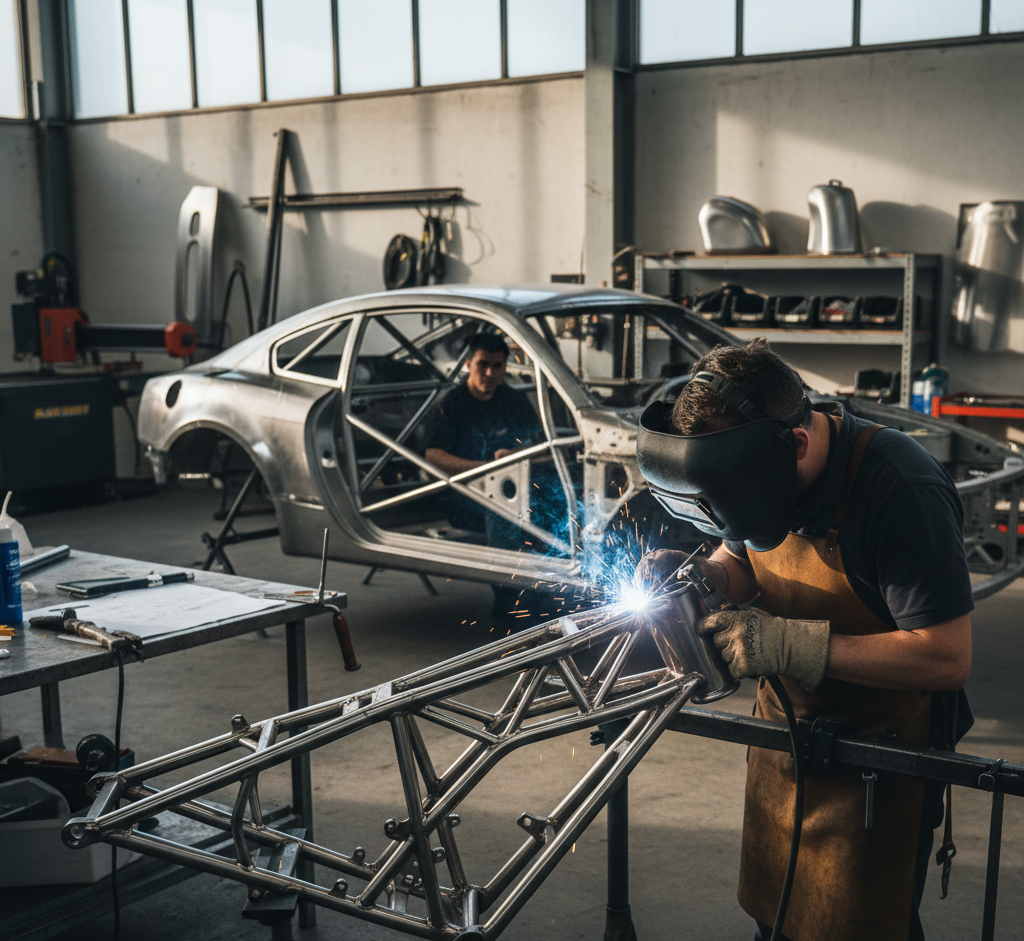 Two mechanics welding a steel frame in a workshop, car body in background.