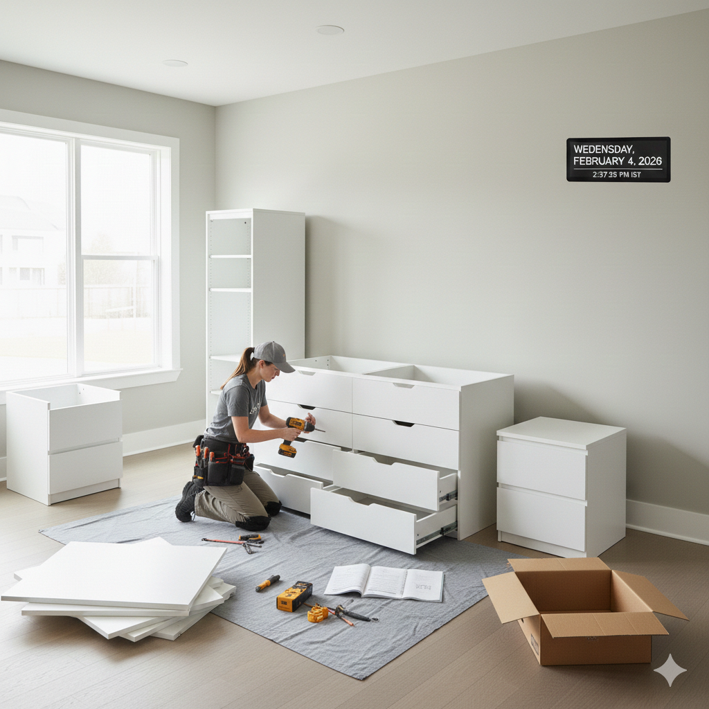 Woman assembles white furniture with a drill; room with window, shelves, and a toolbox on floor.