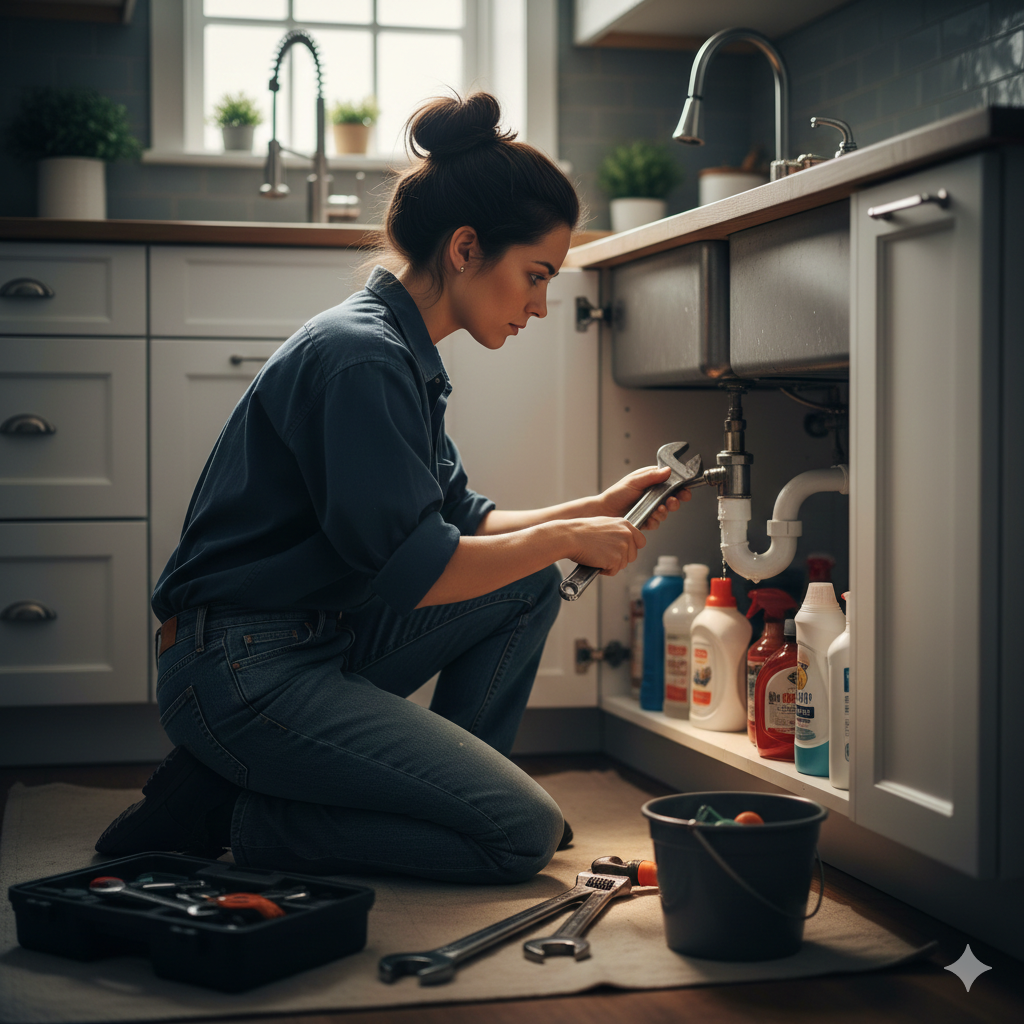 Woman in a kitchen fixing plumbing under the sink. Kneeling, using wrenches. Tools and cleaning products visible.