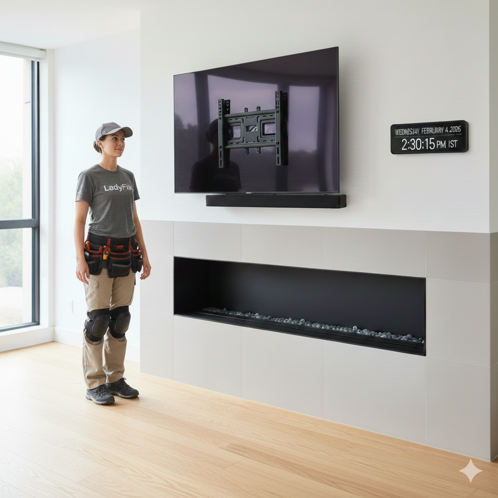 Woman stands before mounted TV above a fireplace, ready to work. Grey wall, wood floor.