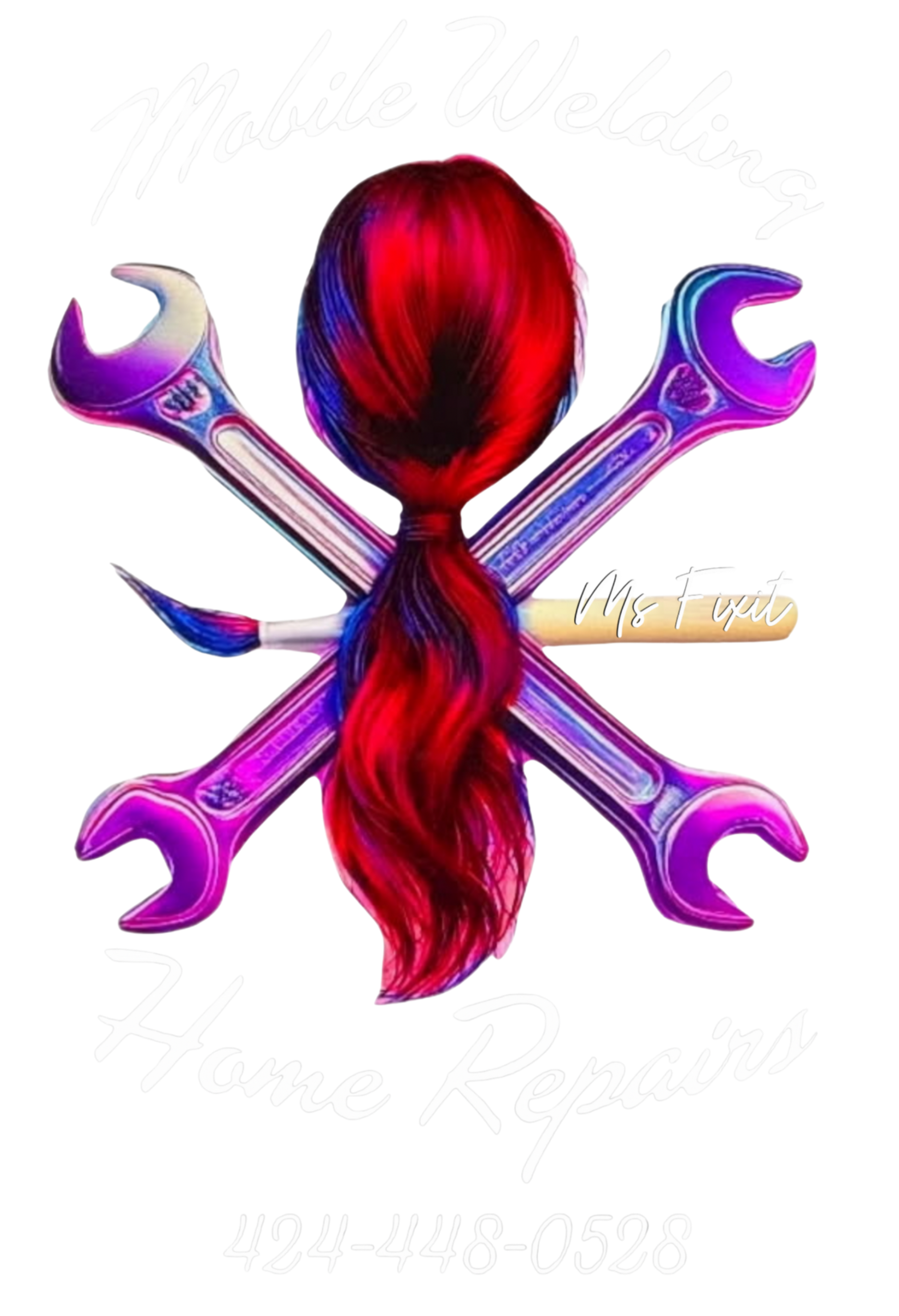 ms fix it, Teresa Ley Logo: crossed wrenches and paint brush, hair flowing down center, text and phone number below.