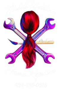 ms fix it, Teresa Ley Logo: crossed wrenches and paint brush, hair flowing down center, text and phone number below.