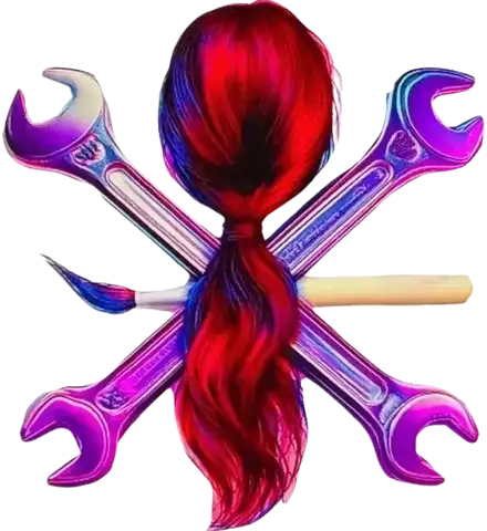 Ms Fix It, Logo: Woman's hair ponytail between crossed wrenches and paintbrush; white text 