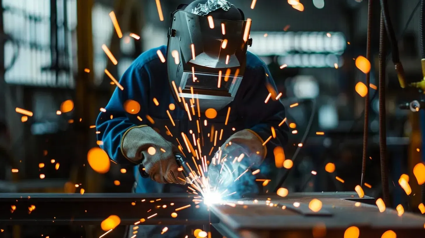 Welder in blue work clothes and helmet, welding metal, sparks flying in workshop.
