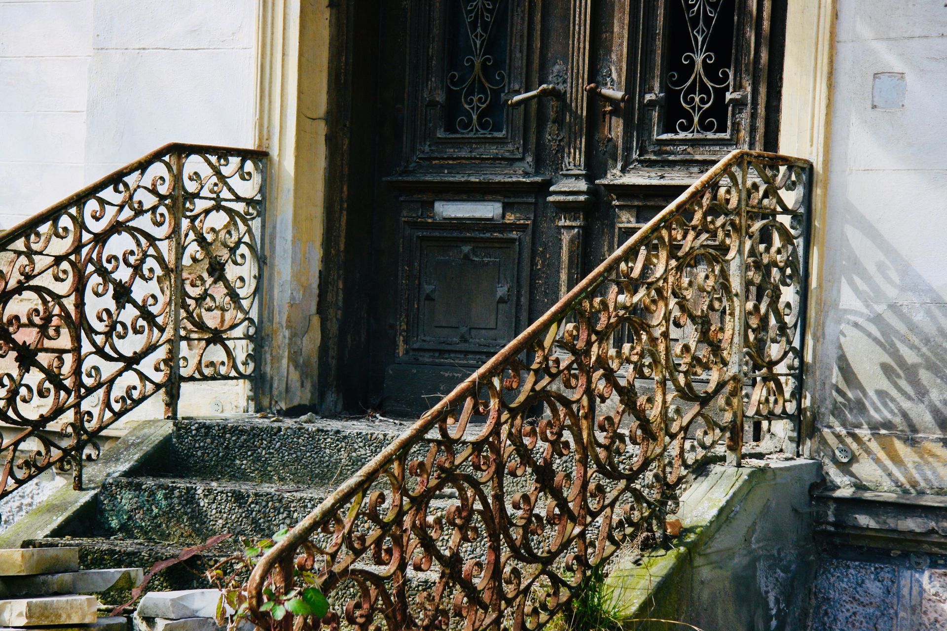 Ornate, rusty iron railings frame weathered steps leading to a dark, detailed door.